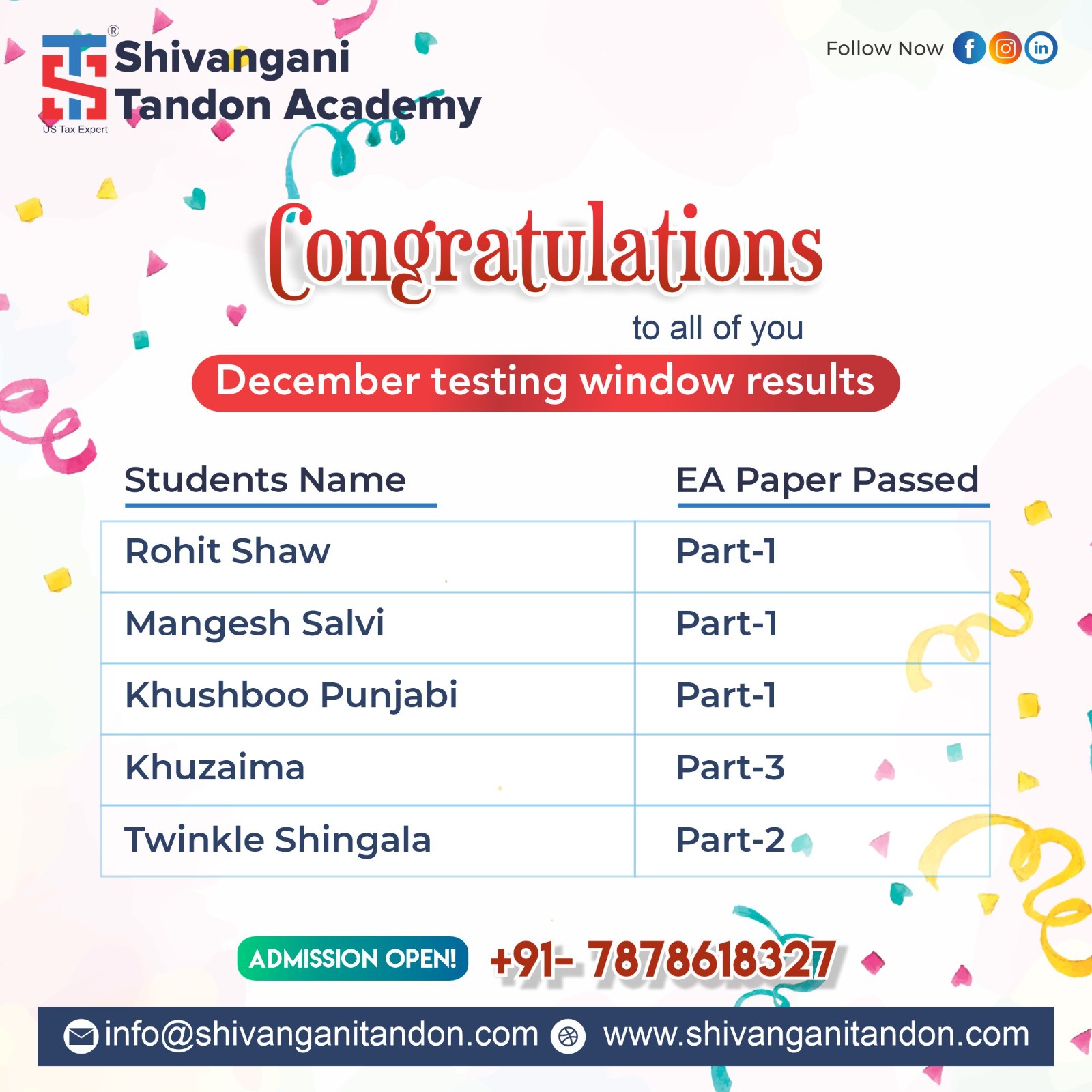 December testing window result